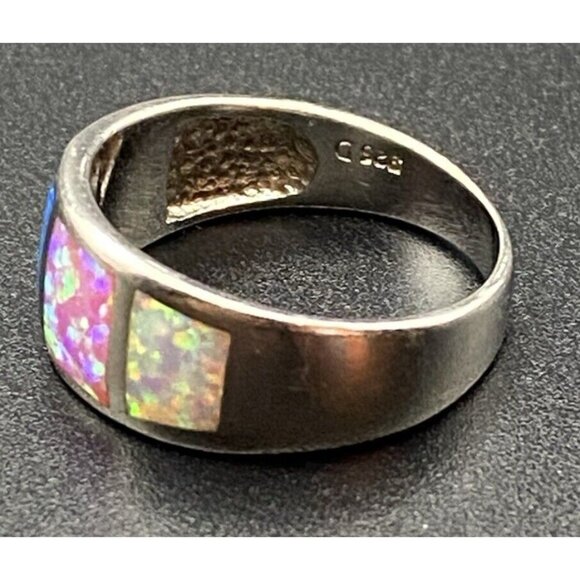 Genuine Blue Pink Opal Ring Wide 4 Windows Ster Silver 925 3.8g Unisex Sz 8.75 - Picture 2 of 13